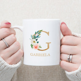 Taza De Café Letra oro monográfica G | Verde blanco rosado flor