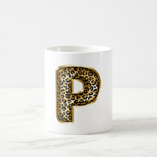 Taza De Café Letra P de Impresión de Leopardo Negro Dorado