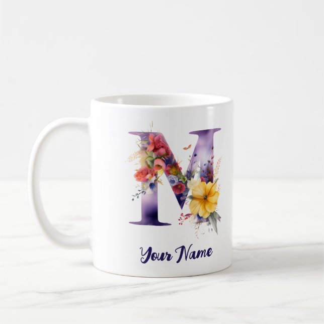 Taza De Café Letra personalizada "M" de mariposa y flores (Izquierda)