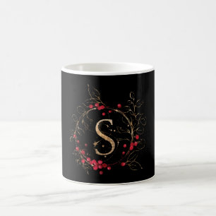 Taza De Café Letra Purpurina inicial S Holly Eucalyptus Holiday