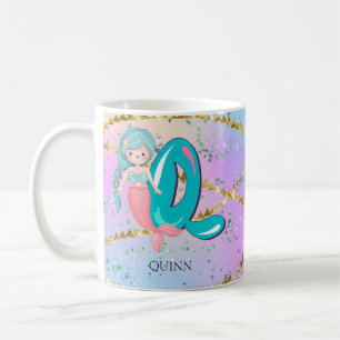 Taza De Café Letra Q Monograma Acuarela Cute Sirena Nursera