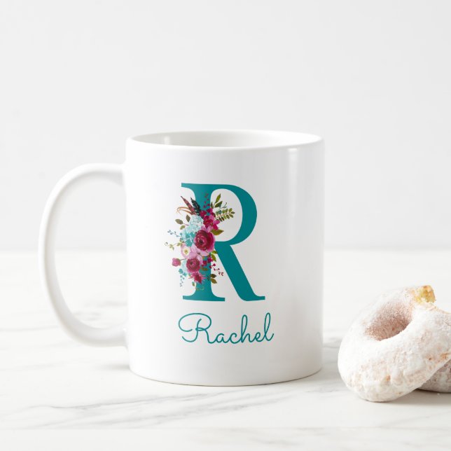 Taza De Café Letra R Floral Verde Teal Rosa (Con donut)