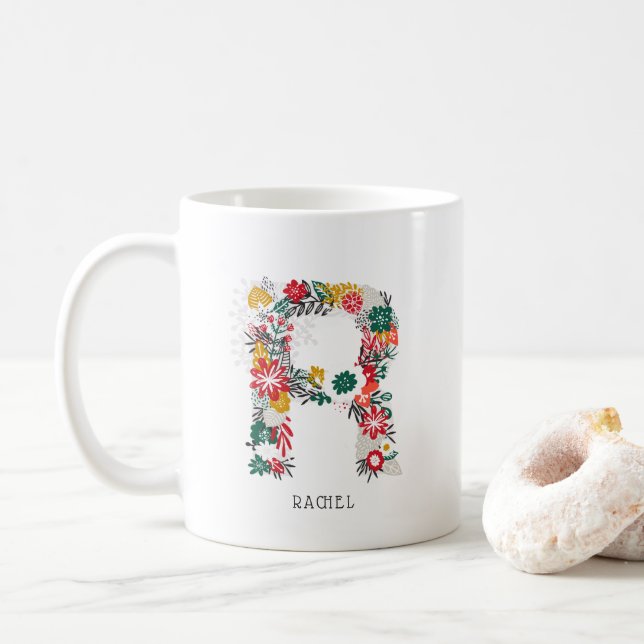 Taza De Café Letra R | Letra floral sinmusical monograma I mug (Con donut)