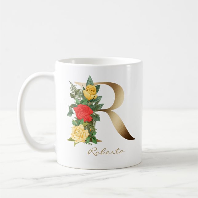 Taza De Café Letra R Monograma dorado Roses Rojas Amarillo Flor (Izquierda)