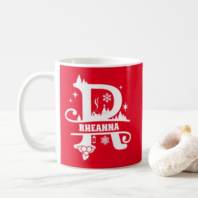 Taza De Café Letra R Navidades Monograma Nombre inicial rojo (Con donut)