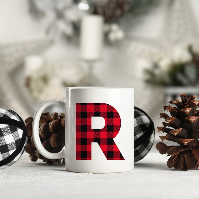 Taza De Café Letra roja y negra trenzada en búfalo negrita letr (Letter R Monogram Christmas Coffee Cup)
