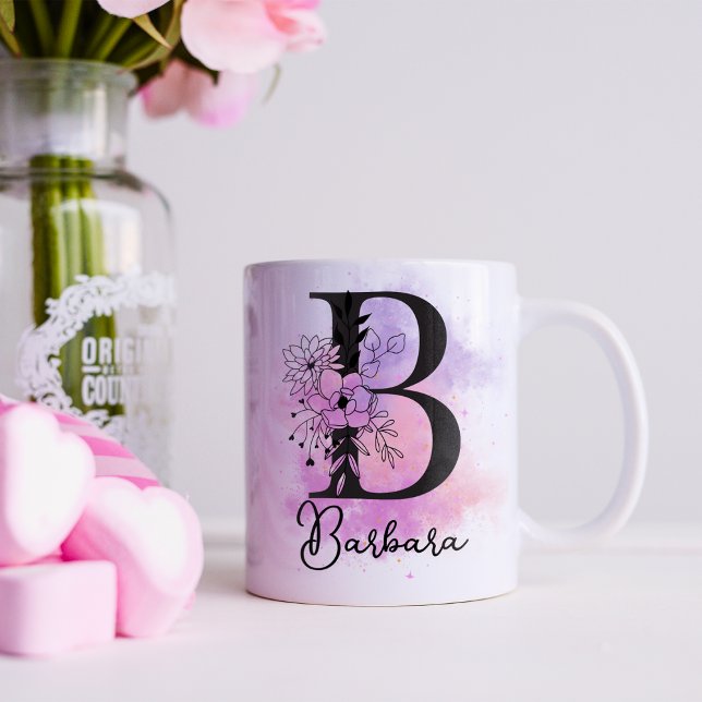 Taza De Café Letra rosa morada floral negra monograma B (Subido por el creador)