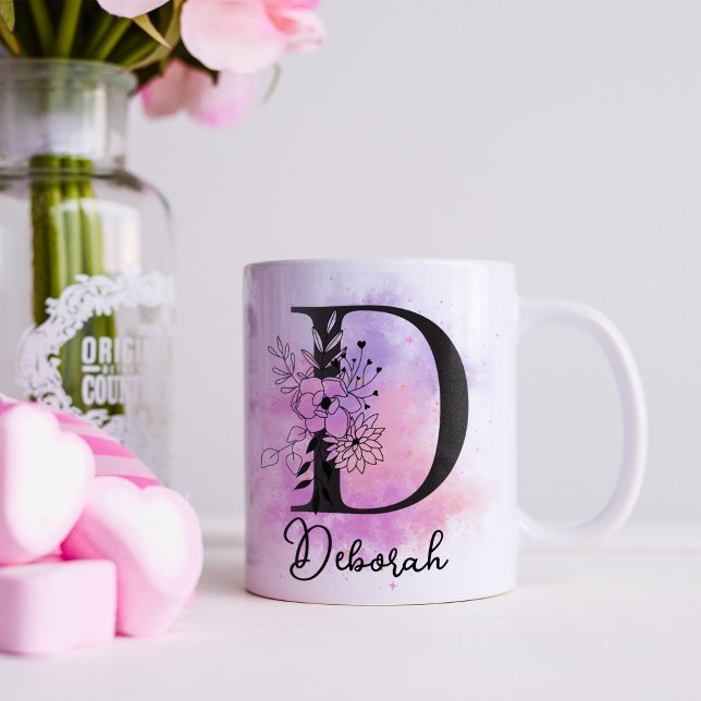 Taza De Café Letra rosa morada floral negra monograma D (Subido por el creador)