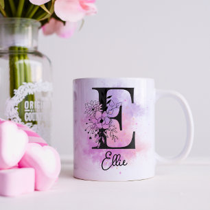 Taza De Café Letra rosa morada floral negra monograma E