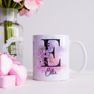 Taza De Café Letra rosa morada floral negra monograma E