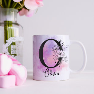 Taza De Café Letra rosa morada floral negra monograma o café