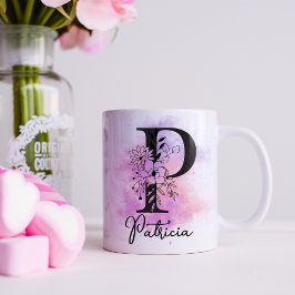 Taza De Café Letra rosa morada floral negra monograma P