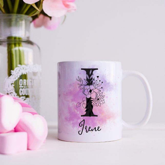 Taza De Café Letra rosa morada negra floral monograma I (Subido por el creador)