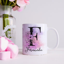 Taza De Café Letra rosa púrpura floral negra monograma F
