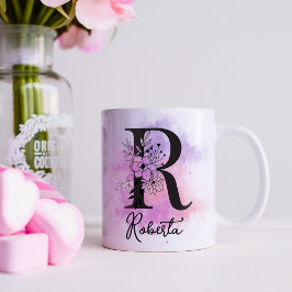 Taza De Café Letra rosa púrpura floral negra monograma R