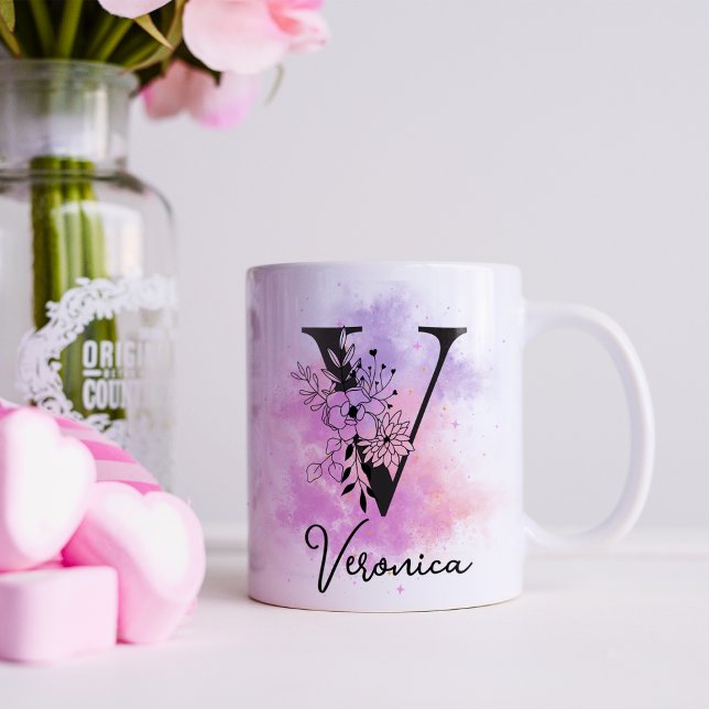Taza De Café Letra rosa púrpura floral negra monograma V (Subido por el creador)