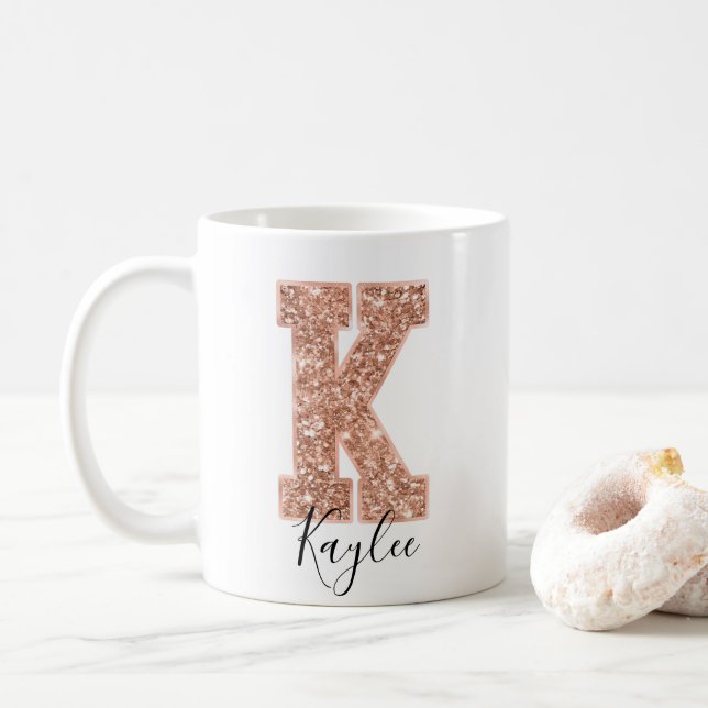 Taza De Café Letra Rosa Purpurina de oro varsity monograma K (Con donut)