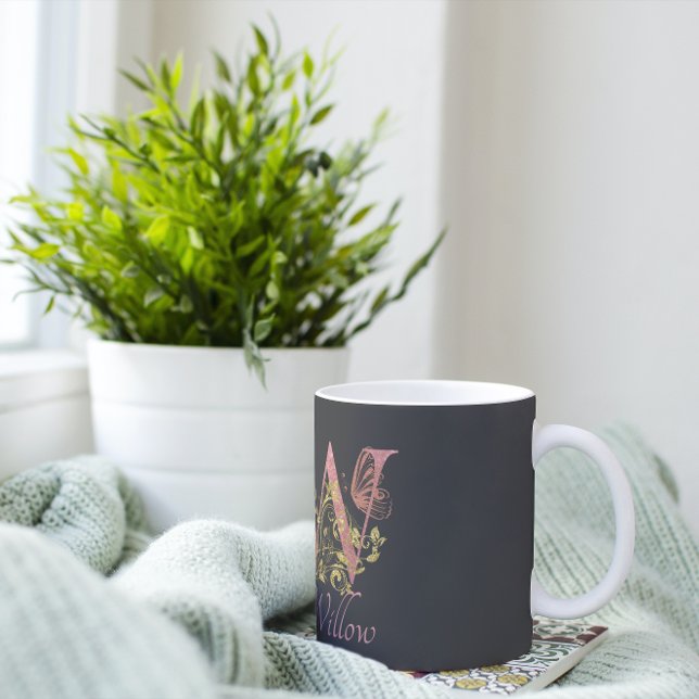 Taza De Café Letra rosa Purpurina floral W (Subido por el creador)