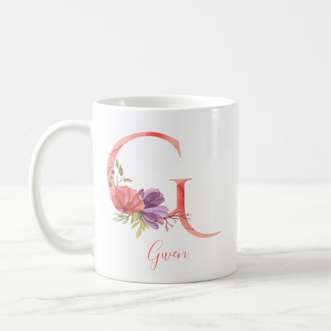 Taza De Café Letra rosada bonita "G " de la acuarela (Izquierda)