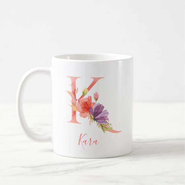 Taza De Café Letra rosada bonita "K " de la acuarela (Izquierda)