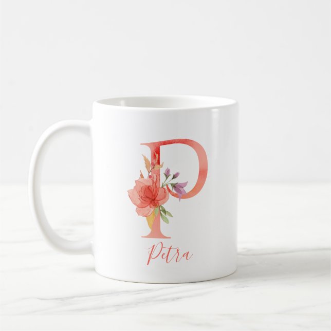 Taza De Café Letra rosada bonita "P " de la acuarela (Izquierda)
