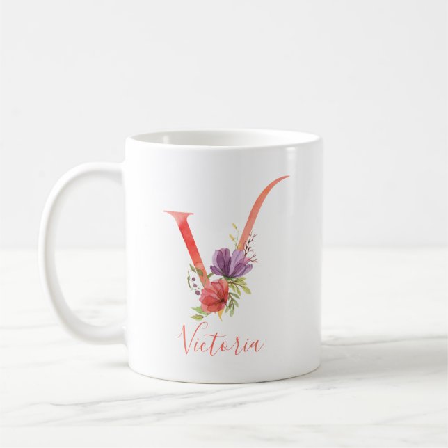 Taza De Café Letra rosada bonita "V " de la acuarela (Izquierda)