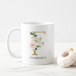 Taza De Café Letra Rubor rosada floral y Gold F monograma