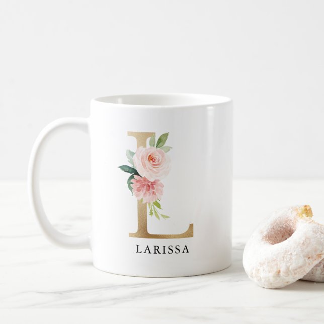 Taza De Café Letra Rubor rosada floral y Gold L monograma (Con donut)