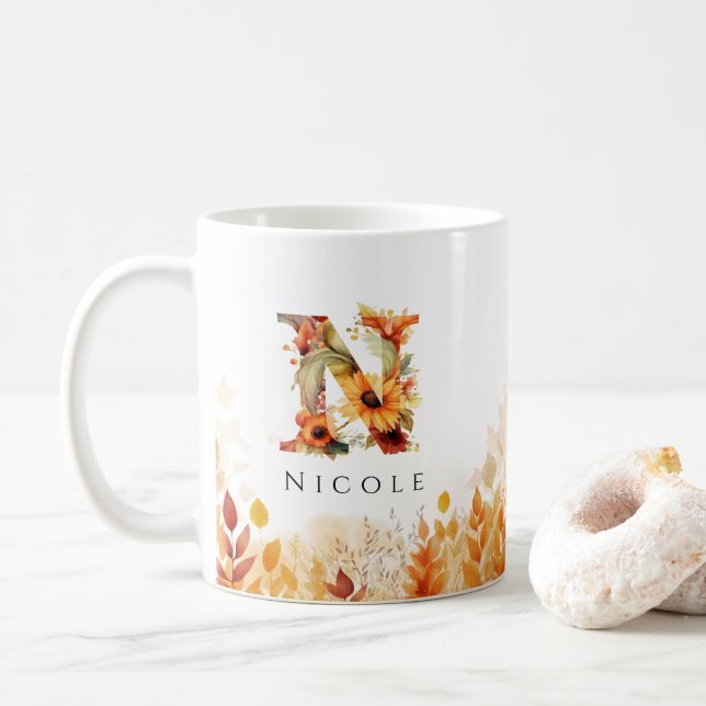 Taza De Café Letra rusa n monograma caída inicial (Con donut)