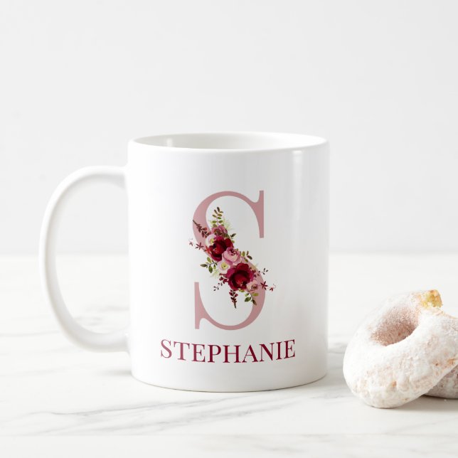 Taza De Café Letra S Burgundy Rubor Floral (Con donut)