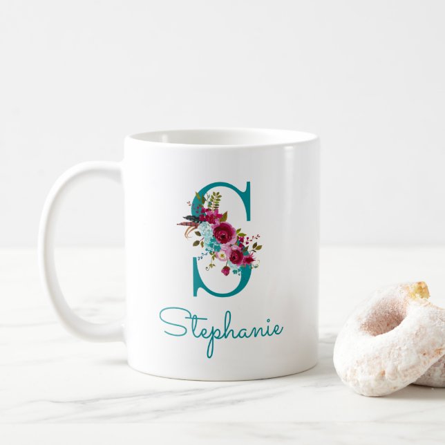 Taza De Café Letra S Floral Verde Teal Rosa (Con donut)