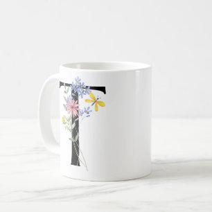 Taza De Café Letra T con flores