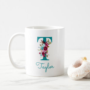 Taza De Café Letra T Floral Verde Teal Rosa