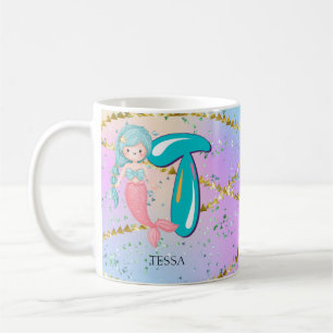Taza De Café Letra T Monograma Acuarela Cuta Cristales De Siren