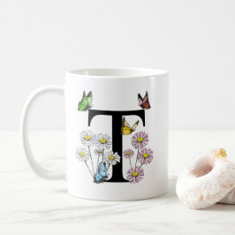 Taza De Café Letra T Monograma mariposa floral inicial