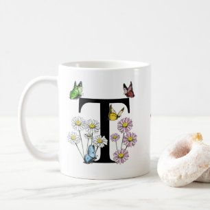 Taza De Café Letra T Monograma mariposa floral inicial