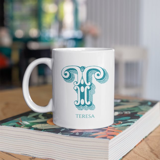 Taza De Café Letra T Monograma Verde azulado Nombre moderno (Subido por el creador)