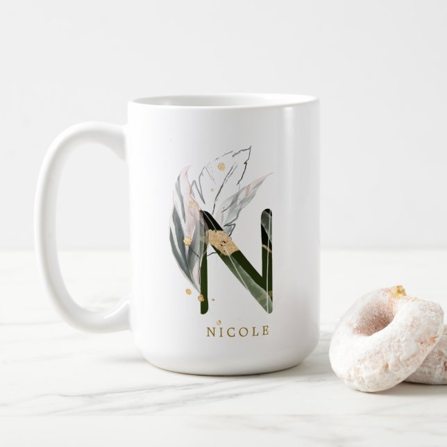 Taza De Café Letra tropical filograma monograma "N" personaliza (Con donut)