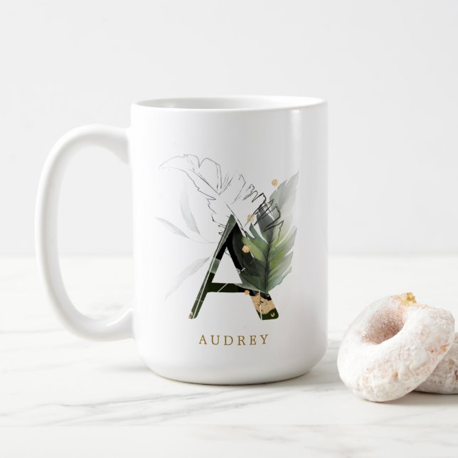 Taza De Café Letra tropical monograma "A" personalizada (Con donut)