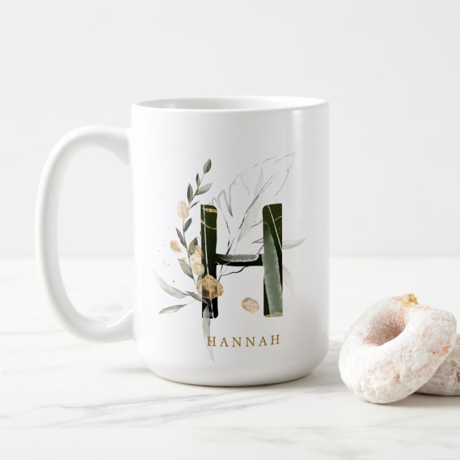 Taza De Café Letra tropical monograma "H" personalizada (Con donut)