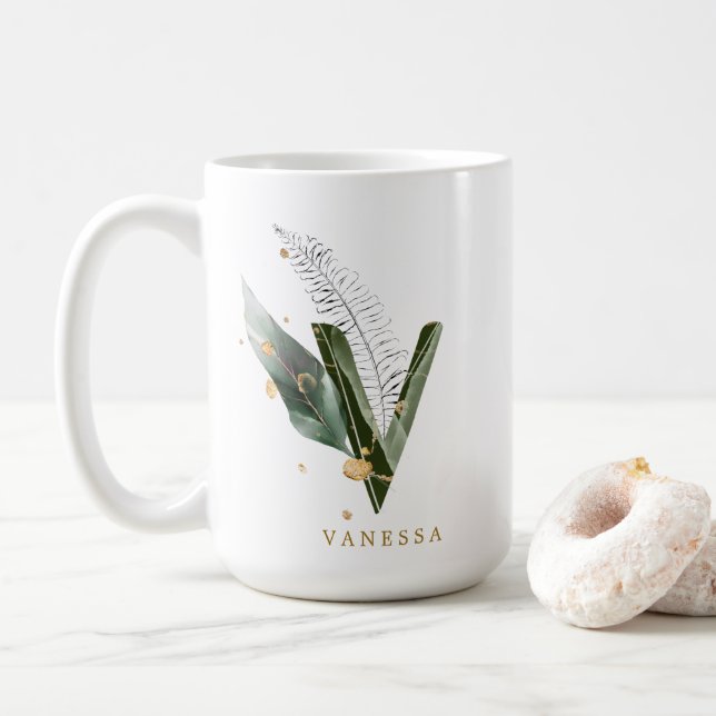 Taza De Café Letra tropical monograma "V" personalizada (Con donut)