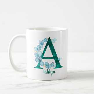 Taza De Café Letra turquesa A corona de eucalipto azul 