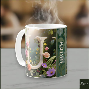 Taza De Café Letra U de Monograma de Jardín Floral Blanco