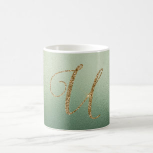 Taza De Café Letra U de purpurina dorada verde oliva