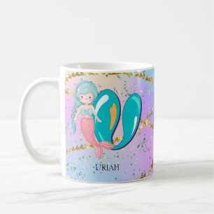 Taza De Café Letra U Monograma Acuarela Cute Cristales De Siren
