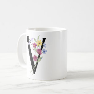 Taza De Café Letra V con flores