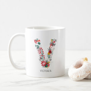 Taza De Café Letra V   Letra floral sinmusical monograma I mug