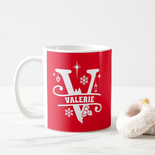 Taza De Café Letra V Navidades Monograma Nombre inicial rojo (Con donut)