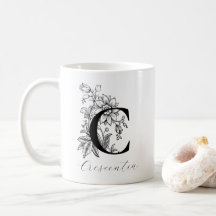 Letra vintage floral monograma C Nombre café Mug