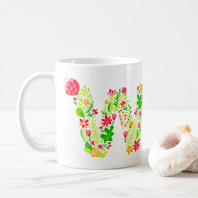 Taza De Café Letra W en tazón de café con flores (Con donut)